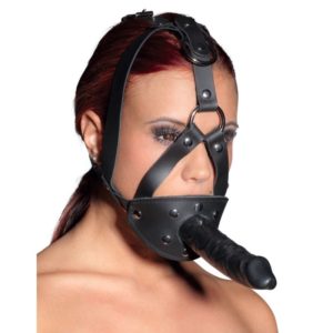Kopffessel aus Echtleder mit Latexdildo und Mundknebel
