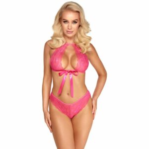 BH plus Slip aus pinkfarbener Spitze